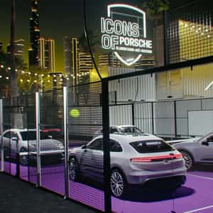 Cars Playing Tennis at Court in a fake-out-of-home ad of Porsche