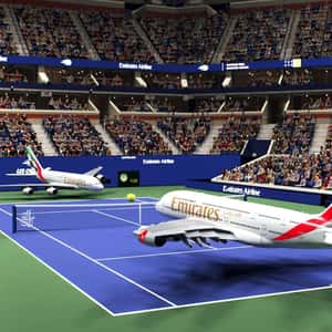 Airplanes Playing Tennis in a fake-out-of-home ad of Emirates