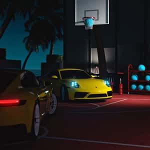 Cars Dribbling and Shooting Basketball in a fake-out-of-home ad of Porsche