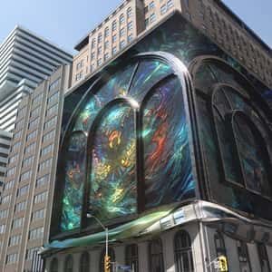 Stained Glass Façade Revealed at Hotel in a fake-out-of-home ad of Zedd