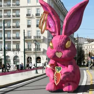 Bunny Mascot Rolls on Street in a fake-out-of-home ad of Anna Maria Mazaraki