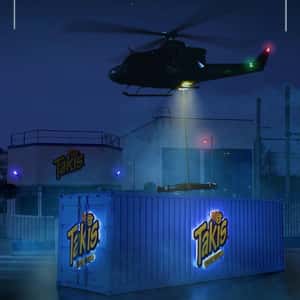 Helicopter Pulls Container Box in a fake-out-of-home ad of Takis