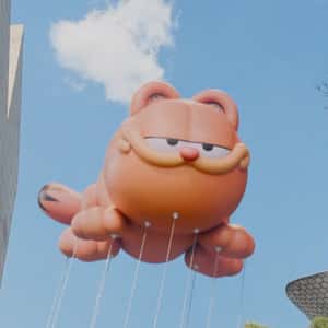 Garfield Balloon Hits into Billboard in a fake-out-of-home ad of Sony Pictures