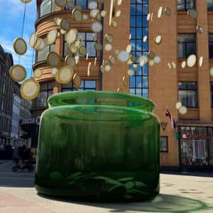 SEB Bank building, Brick sidewalk, Green jar, Coins, Threads