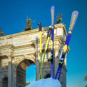 Ski Skates and Poles at Arc de Triomphe in a fake-out-of-home ad of Telepass
