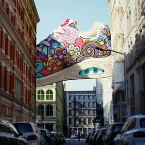 Shoe Carried by Crane at the Street in a fake-out-of-home ad of Skechers
