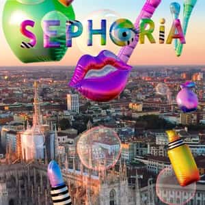 Floating Letters and Cosmetics Inflatables in a fake-out-of-home ad of Sephora