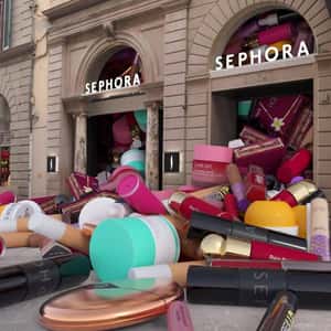 Beauty Products Overflow as Cloth Drops in a fake-out-of-home ad of Sephora
