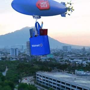 Airship with Shopping Bag Releases Coupons in a fake-out-of-home ad of Walmart