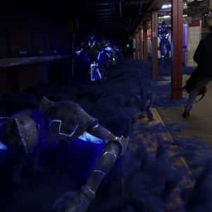Blue Smoke Spreading on Subway in a fake-out-of-home ad of Solo Leveling