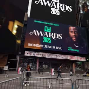 Helicopters Carry Trophy Over Times Square in a fake-out-of-home ad of BET