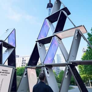 Smartphones Stacked Like House of Cards in a fake-out-of-home ad of Samsung