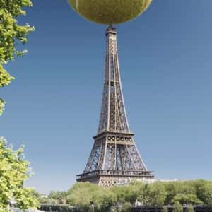 Tennis Ball Spins on Top of Eiffel Tower in a fake-out-of-home ad of Babolat
