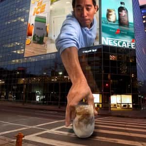 Man Puts Coffee on Street from Screen in a fake-out-of-home ad of Nestlé