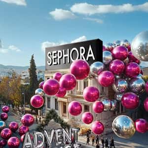 Pink and Silver Balloons Float on Street in a fake-out-of-home ad of Sephora