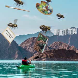 Swarm of Bees Carry Painting Materials in a fake-out-of-home ad of BrandDubai