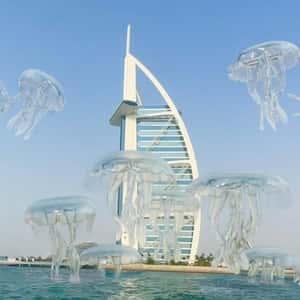 Jelly Fish Swims Above the Sea in a fake-out-of-home ad of BrandDubai