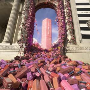 Lipsticks Flood from Public Library in a fake-out-of-home ad of Fenty Beauty