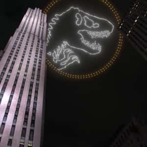 Flying Bird in Drone Light Show in a fake-out-of-home ad of Jurassic World
