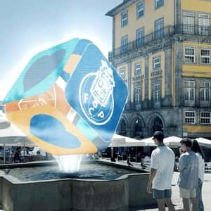 Hologram Cube on Fountain in a fake-out-of-home ad of FC Porto