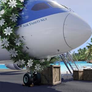 Plane Wears Flower Garland in a fake-out-of-home ad of Air Tahiti Nui