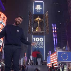 Trophy Unveiled from Digital Screen in a fake-out-of-home ad of Ryder Cup