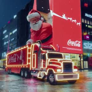 Santa Lowers a Truck out of Screen in a fake-out-of-home ad of Coca-Cola