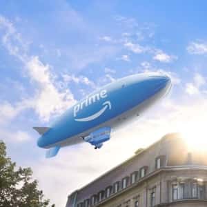 Prime Airship Glides Above Buildings in a fake-out-of-home ad of Amazon