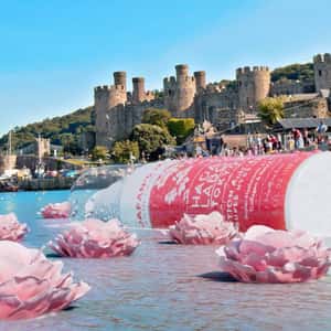 Lotion Bottle Floating on River in a fake-out-of-home ad of Hada Labo Tokyo