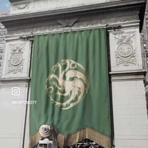Banner Covers Washington Square Arch  in a fake-out-of-home ad of Game of Thrones