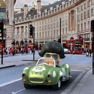 Character Drives on London Street in a fake-out-of-home ad of POP MART