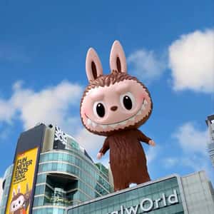 Labubu Leaping Above Shopping Center in a fake-out-of-home ad of POP MART