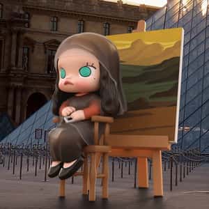 Character Takes Selfie at Louvre in a fake-out-of-home ad of POP MART