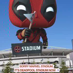 Deadpool Flashy Rising from Stadium in a fake-out-of-home ad of Marvel