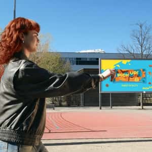 Woman Pulling a Massive Bag in a fake-out-of-home ad of PiCK UP!