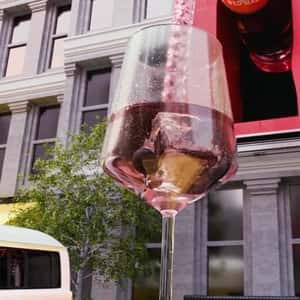 Bottle Pours into Glass on Wagon in a fake-out-of-home ad of Schweppes