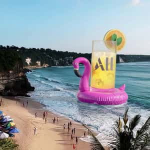 Flamingo Inflatable Carries a Drink in a fake-out-of-home ad of ALL Accor
