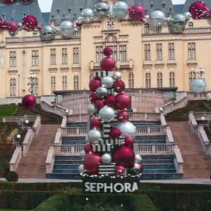 Christmas Balls Fell From the Roof in a fake-out-of-home-ad of Sephora
