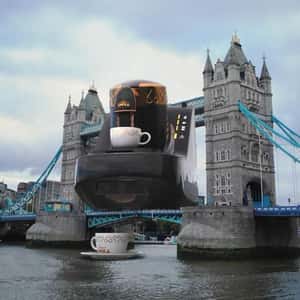 Coffee Cup Floating on River in London in a fake-out-of-home ad of Arzum OKKA