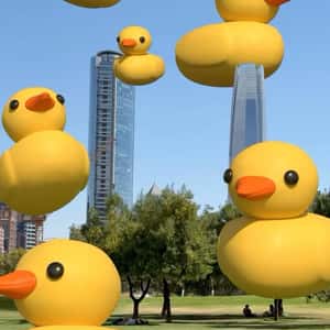 Rubber Ducks Float in the City in a fake-out-of-home ad of Bath & Body Works