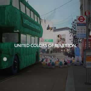Dogs Exit from Double-decker Bus in a fake-out-of-home ad of Benetton
