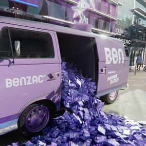 Van Pours Out Packages on Street in a fake-out-of-home ad of Benzac