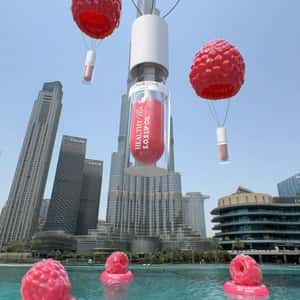 Lip Oils on Raspberry Hot Air Balloons in a fake-out-of-home ad of Lifestyle
