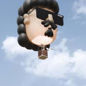 Character Hot Air Balloon Drops Boxes in a fake-out-of-home ad of Burger Dealer