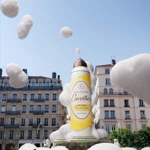 Bubbles Float from Shower Gel Fountain in a fake-out-of-home ad of Cavaillès