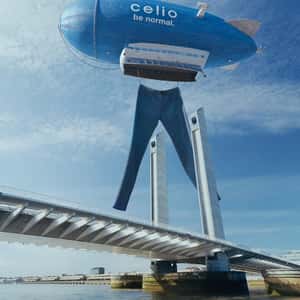Jeans Hang from Airship in a fake-out-of-home ad of Celio