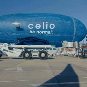 Jeans Loaded onto Airship in a fake-out-of-home ad of Celio