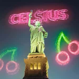 Statue of Liberty Drinks Energy Drink in a fake-out-of-home ad of CELSIUS Energy Drink