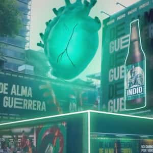 Green Heart Hologram Beats in a fake-out-of-home ad of Cerveza Indio