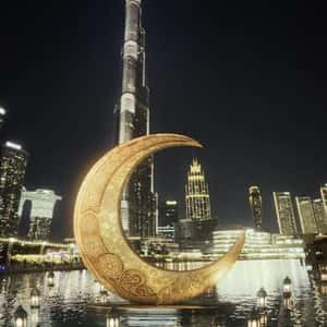 Golden Crescent Moon Lands on Lake in a fake-out-of-home ad of Dubai Mall